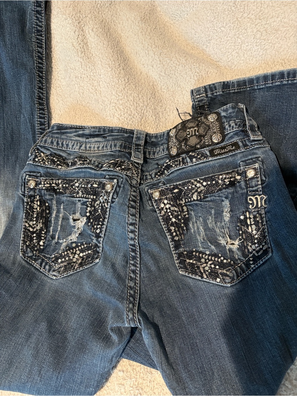 Miss Me Blue Distressed Boot Cut Jeans with Embellished Pockets